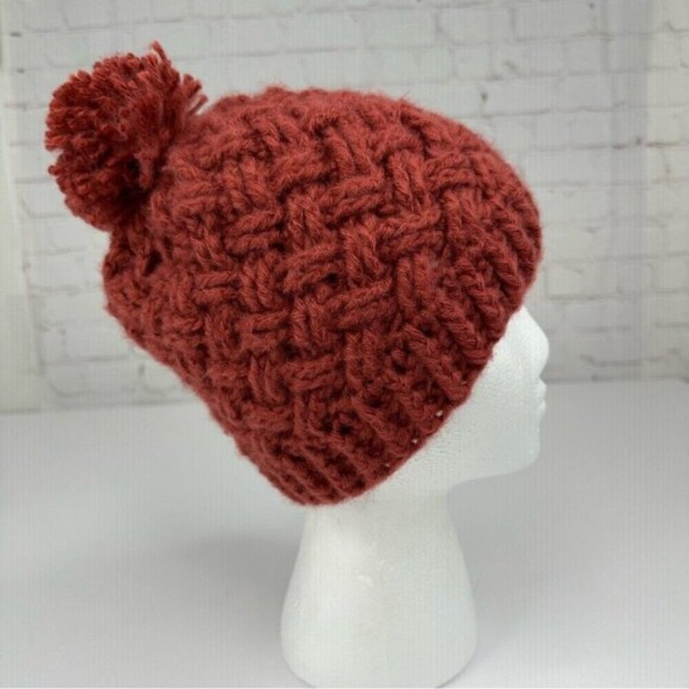 Handmade Unisex New Rust Brown Basket-Weave Pom-Pom‎ Top Knit Beanie - Adult S/M